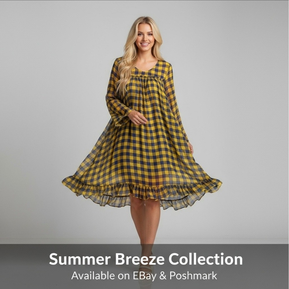 Baum Und Pferdgarten Yellow Blue Checkered Sheer Chiffon Ruffle Women's Dress